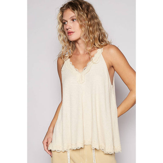 Oceana's Oatmilk Sleeveless Lace Trim Top