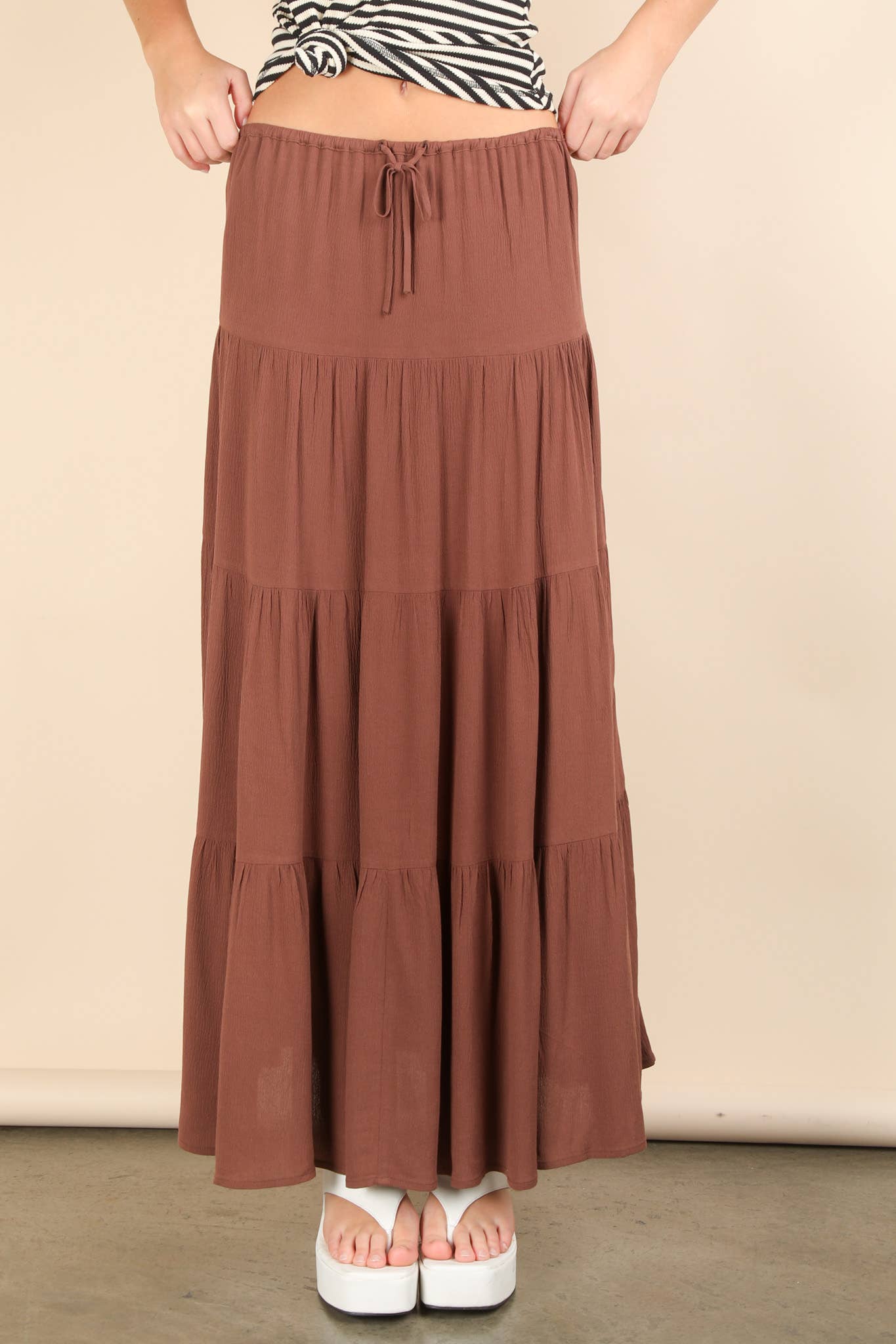 Gia's Chocolate Tiered Layers Woven Midi Skirt