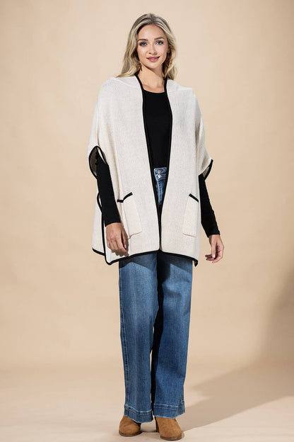 Hooded Poncho With Trim And Front Pockets