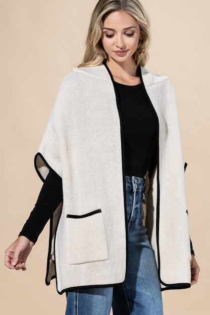 Hooded Poncho With Trim And Front Pockets