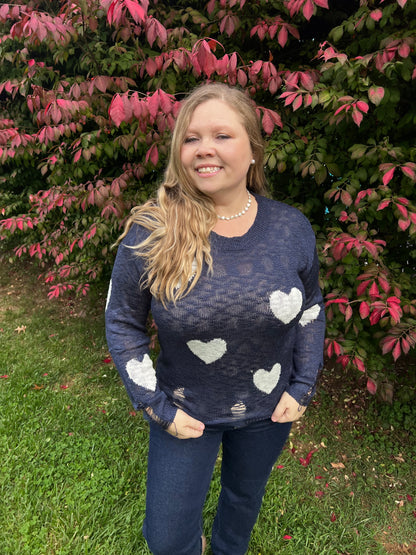 Navy Vintage Heart Print Sweater