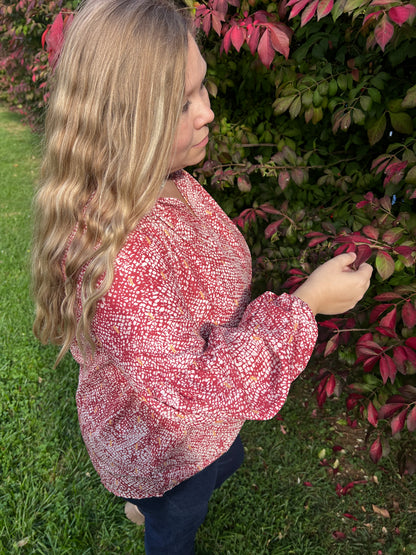 Red Boho Balloon Sleeve Top