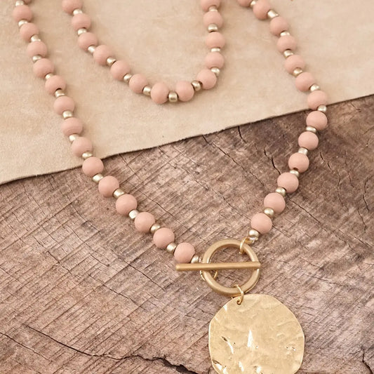 Glain Wooden Beads Short Coin Necklace