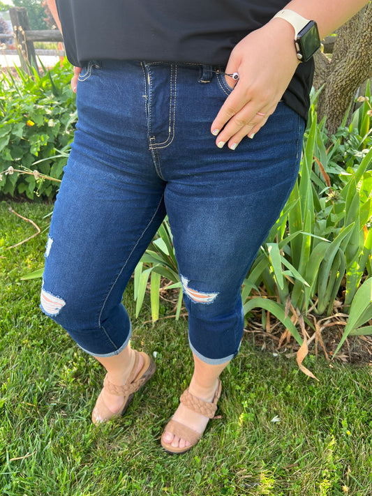 Ripped Dark Indigo Wash Capri Jeans