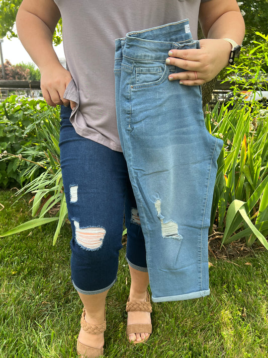 Ripped Light Blue Wash Capri Jeans