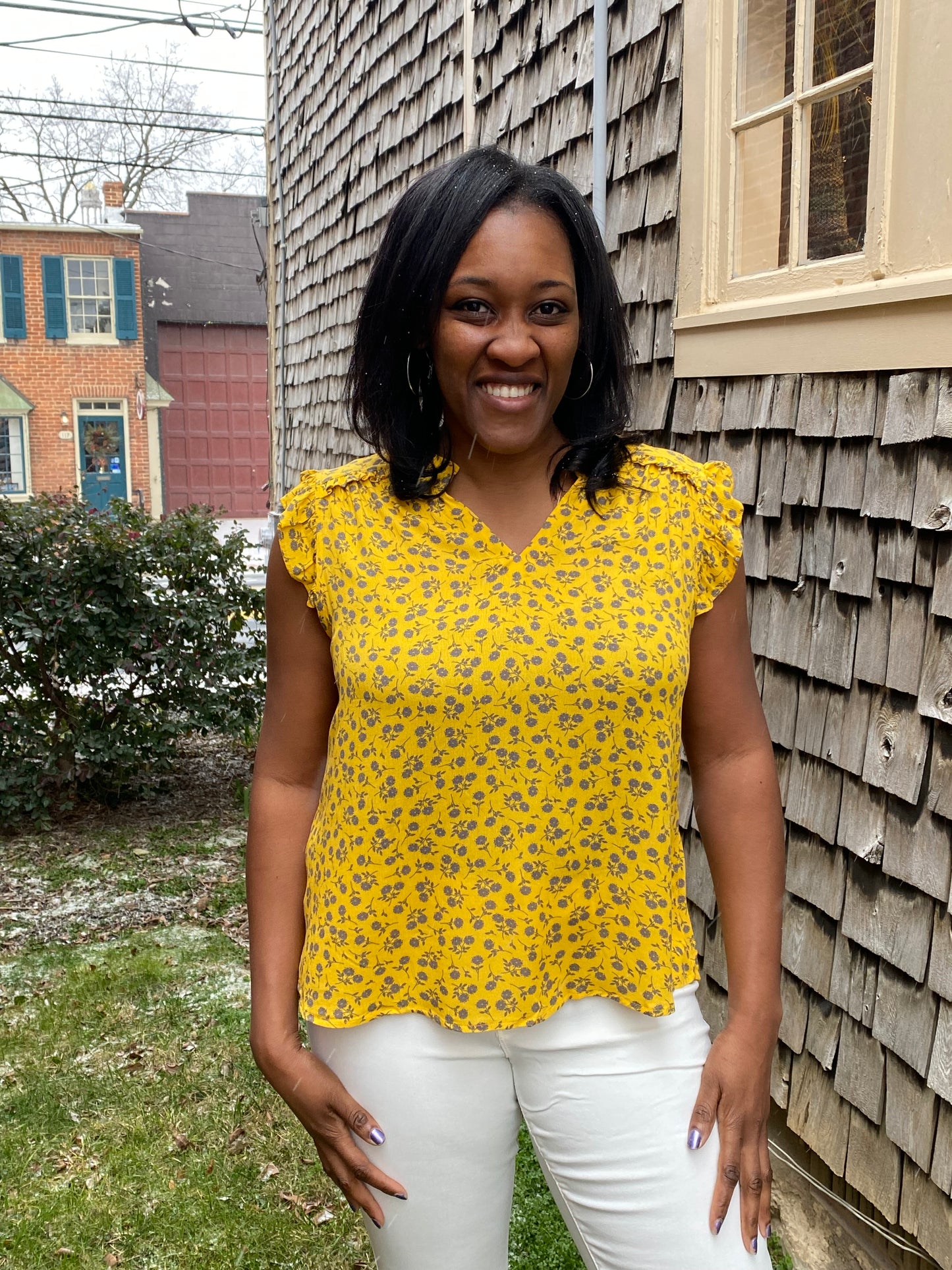 Yellow Grey Floral Woven Top