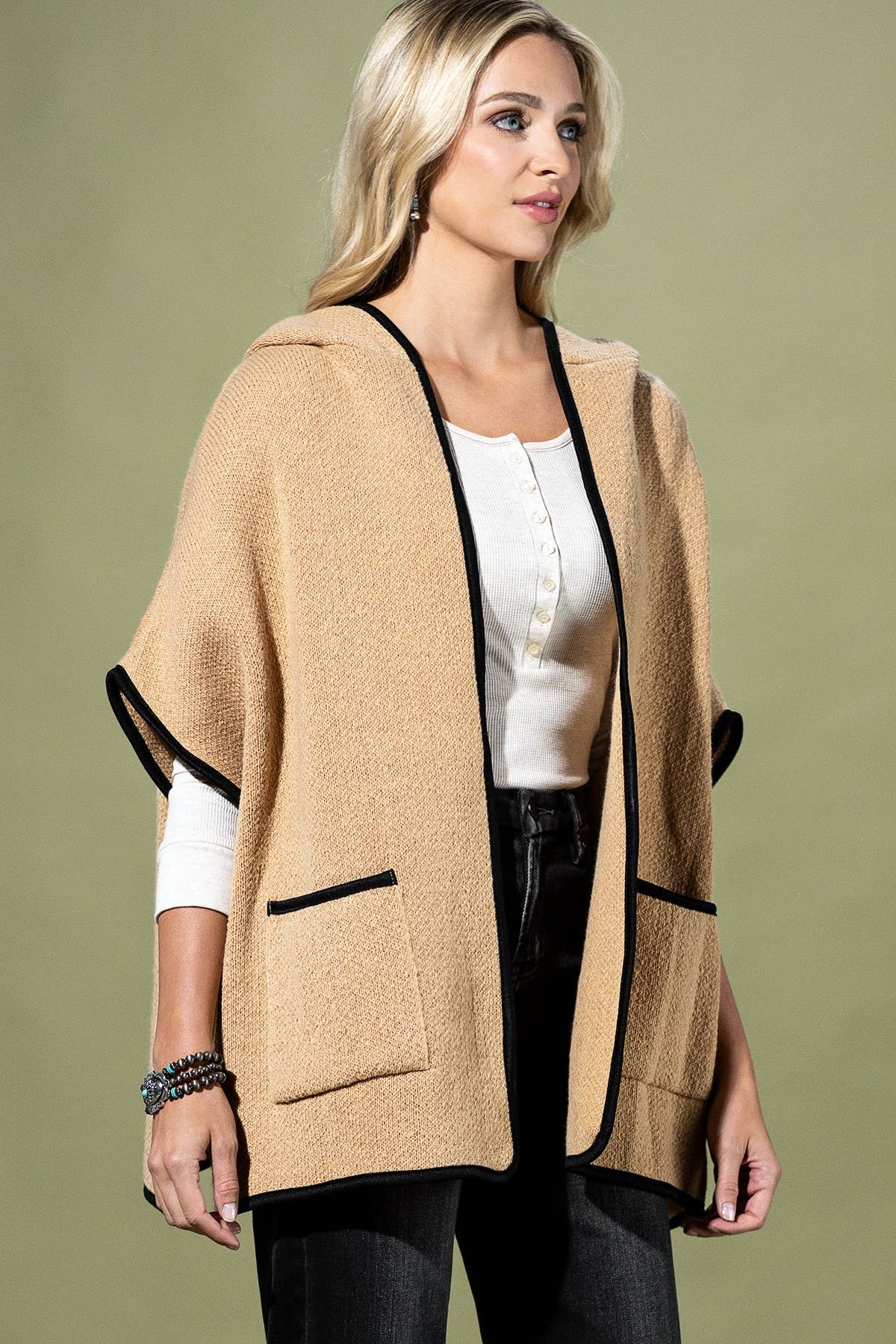 Hooded Poncho With Trim And Front Pockets