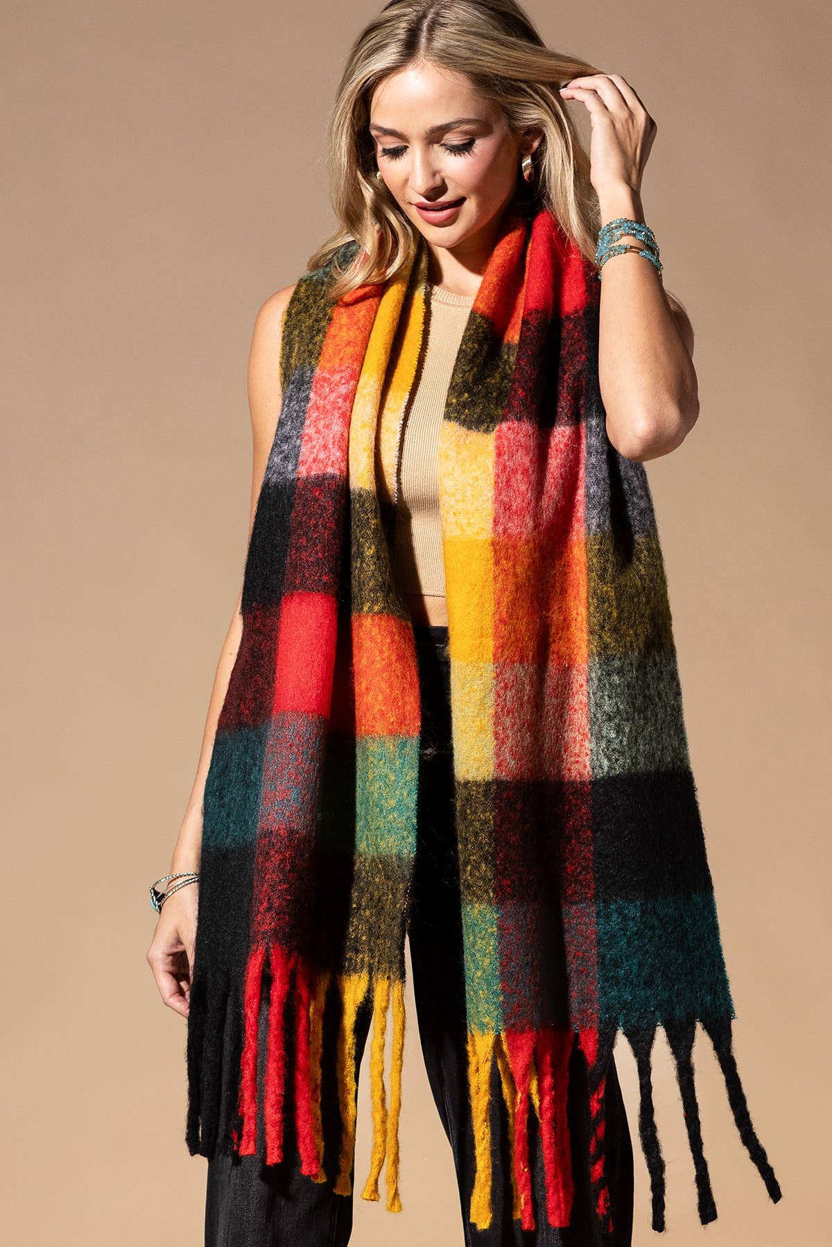 Multi Colored Brushed Plaid Oblong Scarf