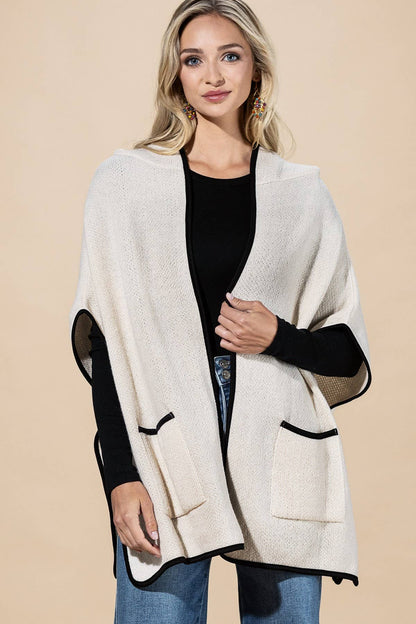 Hooded Poncho With Trim And Front Pockets