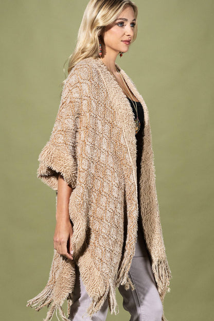 Cozy Boucle Knit  And Soft Drape Fringe Shawl