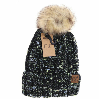 Fuzzy Lined Confetti Knit Fur Pom