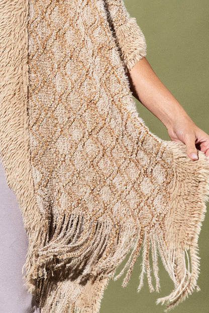 Cozy Boucle Knit  And Soft Drape Fringe Shawl