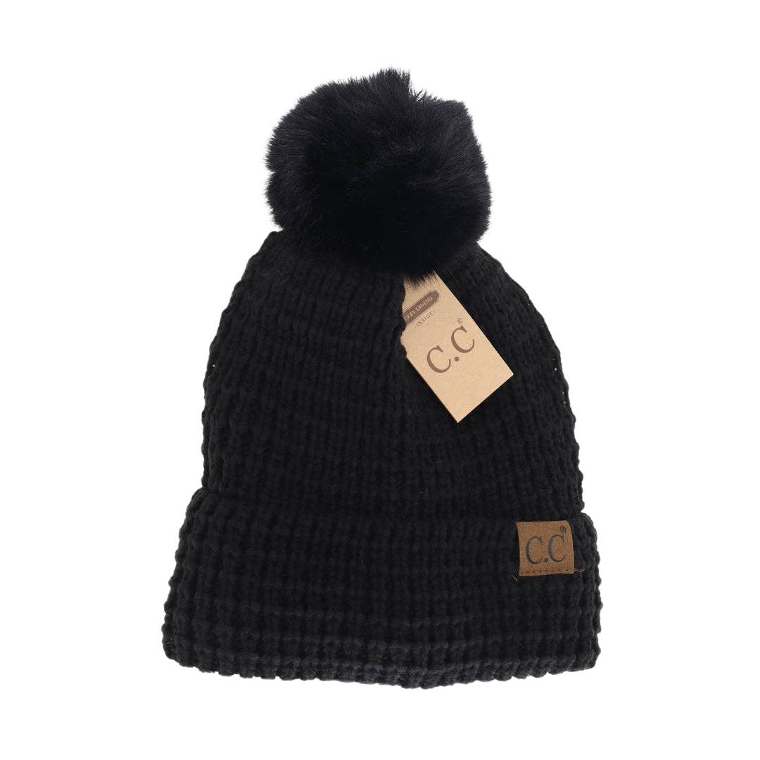 Waffle Knit Faux Fur Pom C.C Beanie