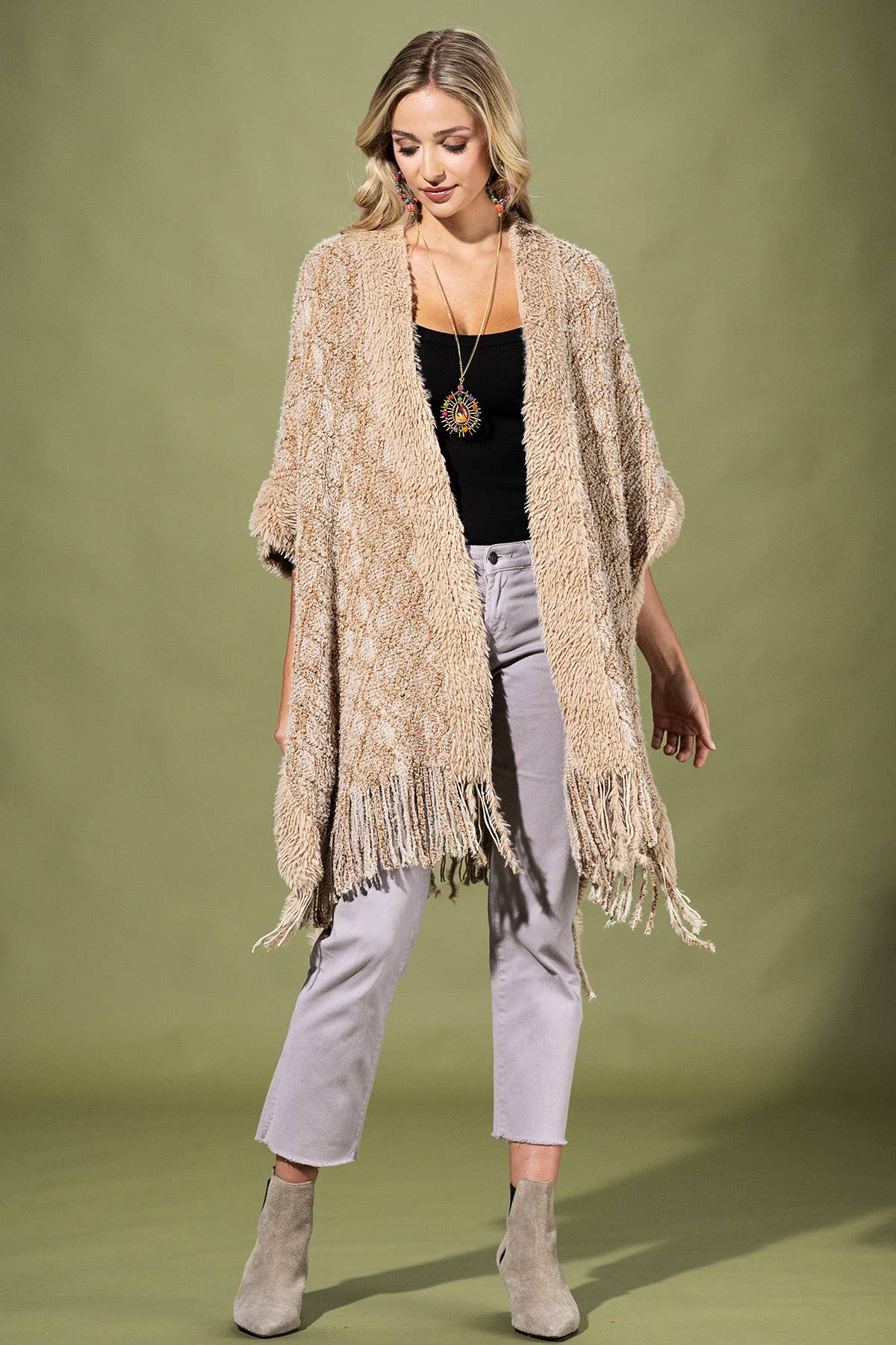 Cozy Boucle Knit  And Soft Drape Fringe Shawl
