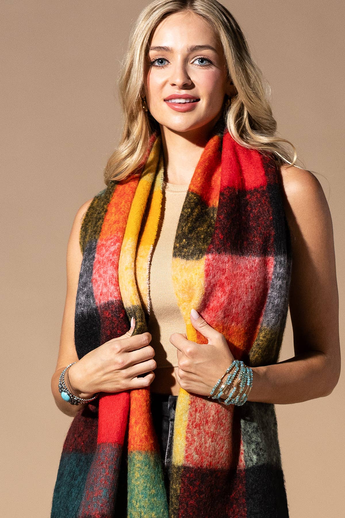 Multi Colored Brushed Plaid Oblong Scarf