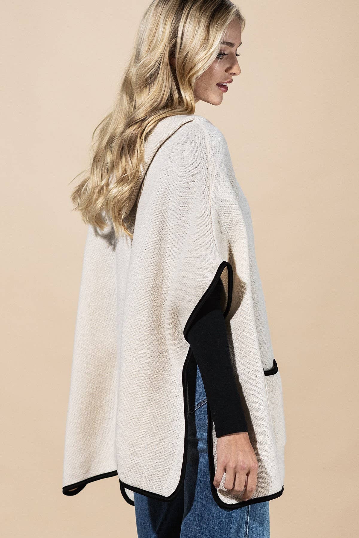 Hooded Poncho With Trim And Front Pockets