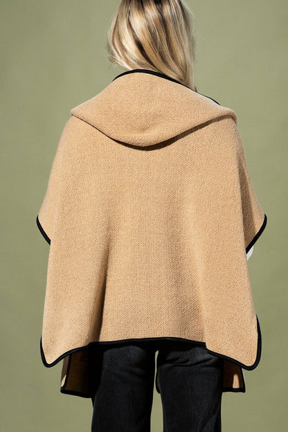 Hooded Poncho With Trim And Front Pockets