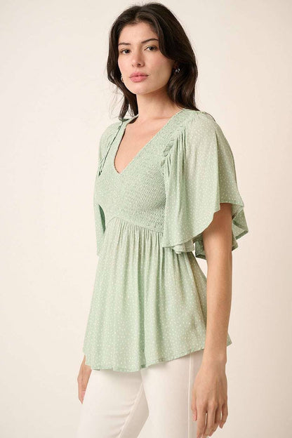 Dotty Smocked V-Neck Blouse