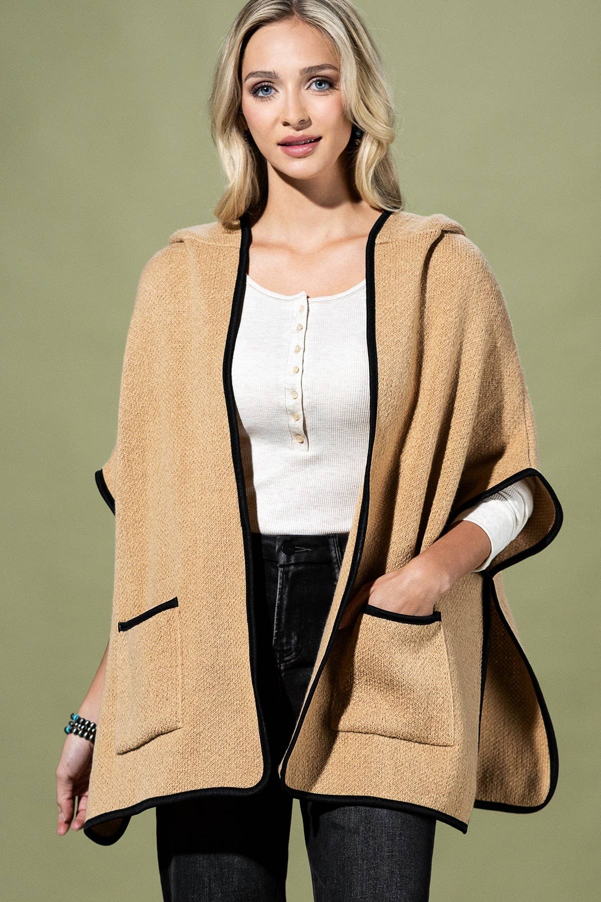 Hooded Poncho With Trim And Front Pockets