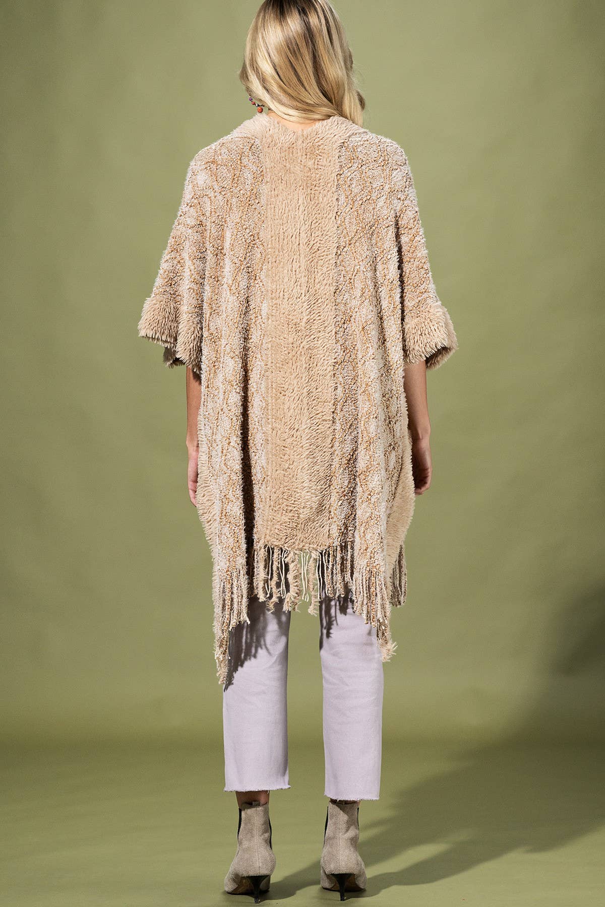Cozy Boucle Knit  And Soft Drape Fringe Shawl