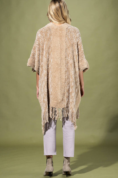 Cozy Boucle Knit  And Soft Drape Fringe Shawl