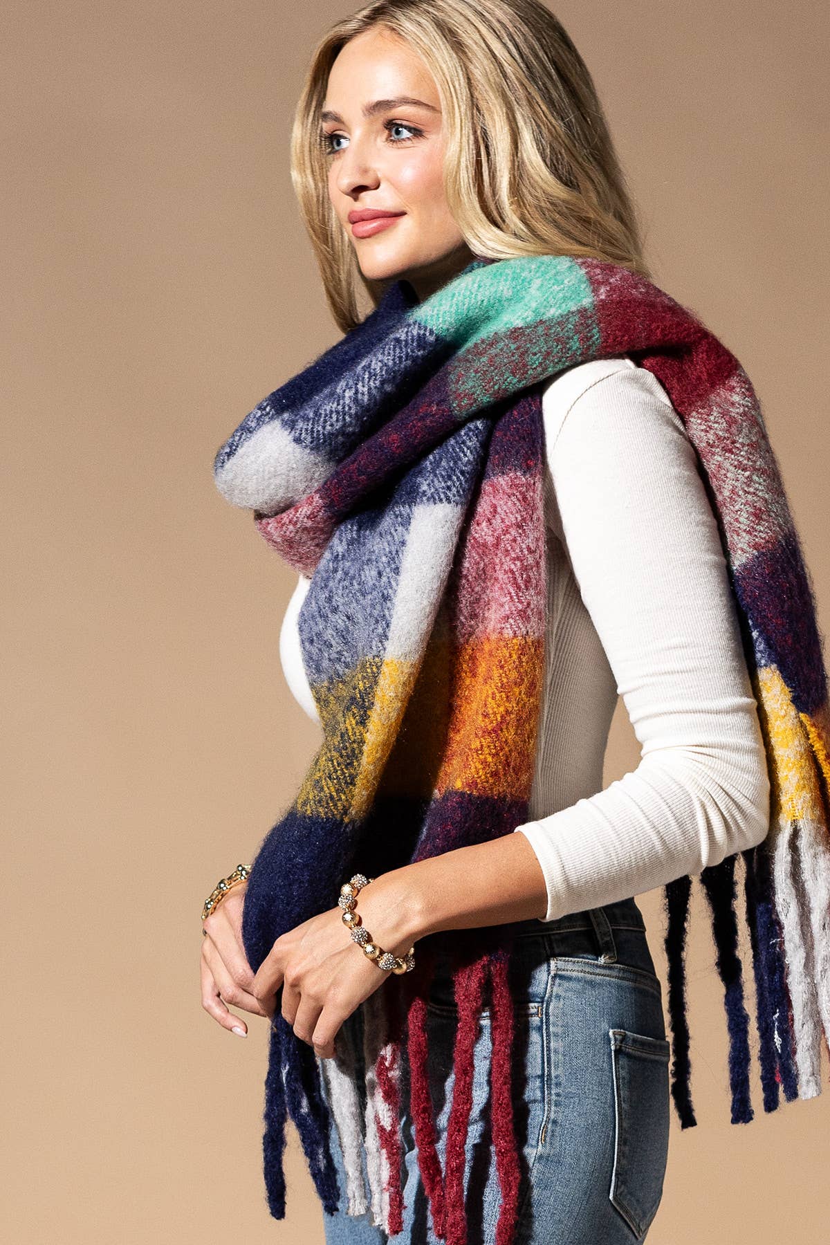 Multi Colored Brushed Plaid Oblong Scarf