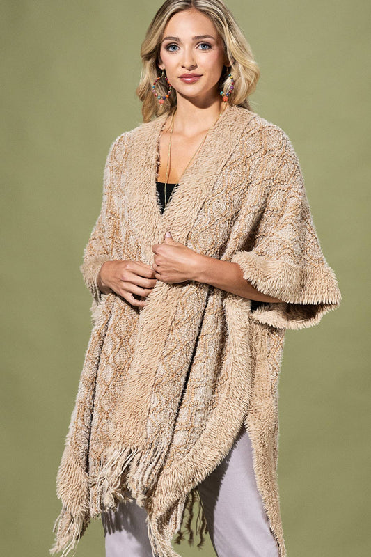 Cozy Boucle Knit  And Soft Drape Fringe Shawl