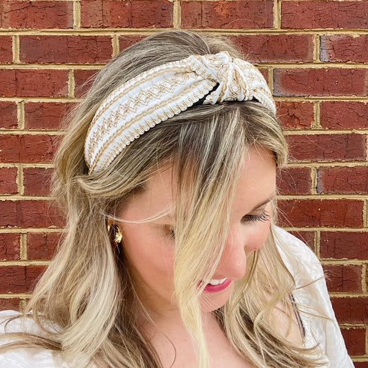 White with Gold Delicately Stitched Knot Headband