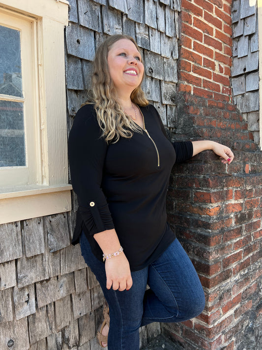 Black Front Zipper Flowy Top